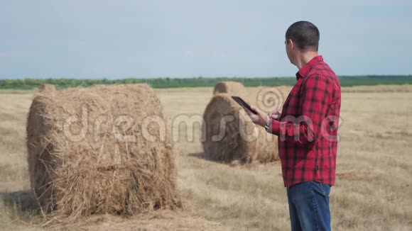 智慧农业理念人类生活方式工人农民在数字平板电脑上的田野上研究干草堆慢慢视频的预览图