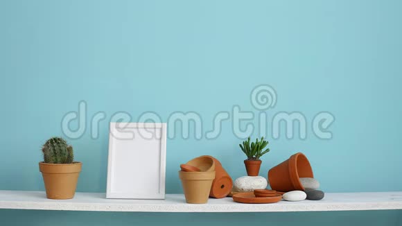 现代客房装饰与相框模型白色的架子贴着青绿色的墙壁上面有陶器和肉质植物手视频的预览图