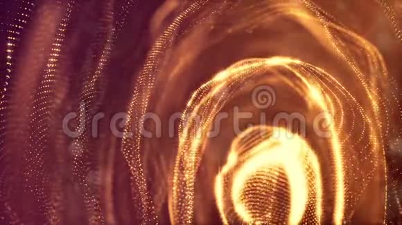 在黑暗背景下闪耀的金色粒子的三维组成具有深度和波克效应照明视频的预览图