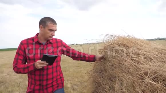 智慧农业理念在数字平板电脑上研究干草堆的农民慢动作视频的预览图