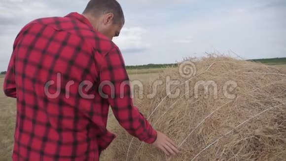 智慧生活方式农耕农业理念一个农夫在一块数字平板电脑上的田野里研究干草堆慢动作视频的预览图