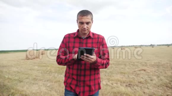 生活方式智慧农业理念农夫在数字平板电脑上的田野里研究干草堆慢动作视频的预览图
