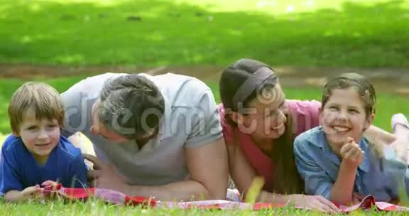 可爱的一家人躺在公园的毯子上视频的预览图