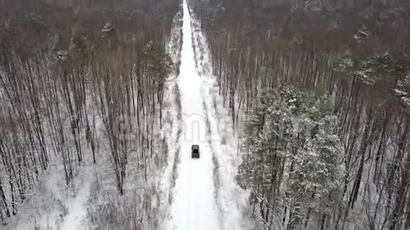 从空中观看越野车6x6在冬季森林的积雪道路上行驶后景视频的预览图