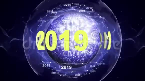 2019年新年文字动画环绕地球背景渲染循环4k视频的预览图