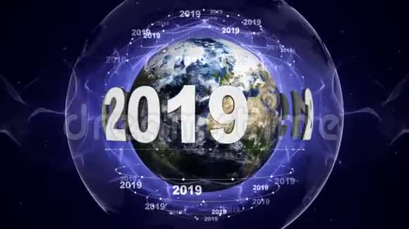 2019年新年文字动画环绕地球背景渲染循环4k视频的预览图