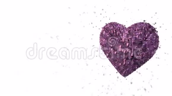 抽象循环动画背景旋转发光的三维紫色心脏形成的碎片和立方体的紫色旋转视频的预览图