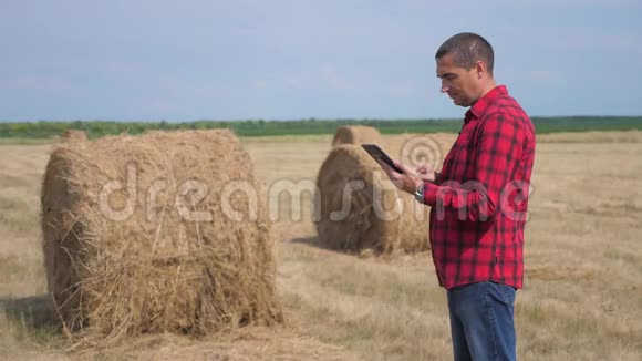 智慧生活方式农耕农业理念一个工人农民在数字平板电脑上的田野里研究干草堆慢慢视频的预览图