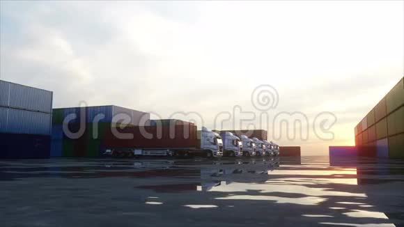 集装箱仓库码头海港卡车货物集装箱物流和商业理念现实的4k动画视频的预览图