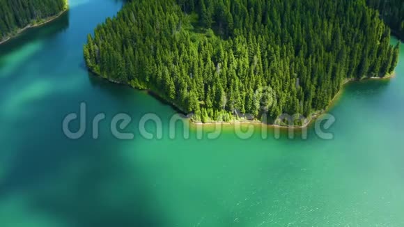 山湖有绿松石水和绿树水中的倒影美丽的夏季景观有山有森林视频的预览图