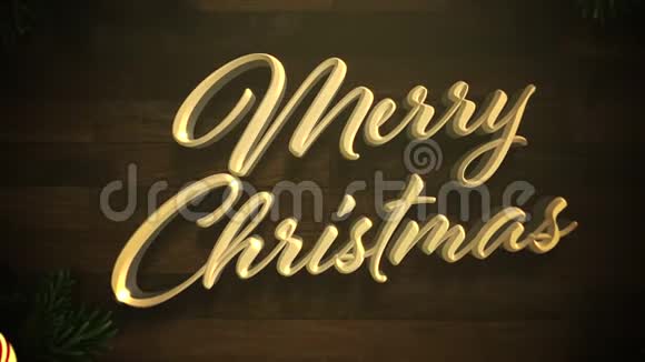 动画特写圣诞快乐文字五颜六色的花环和木质背景上的圣诞树树枝视频的预览图