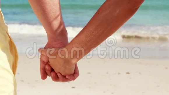 在海滩上的一对夫妇手牵手望着大海视频的预览图