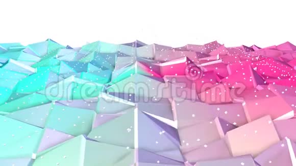 抽象简单的蓝色粉红色低聚三维表面和飞行白色晶体作为卡通游戏背景软几何视频的预览图