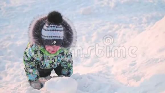 一个小孩子正在冬天的公园里玩雪晴朗的冬日新鲜空气中的乐趣和游戏视频的预览图