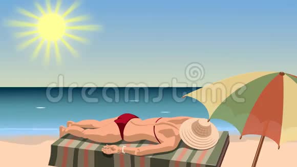 太阳为躺在海滩上的女人创造了褐色视频的预览图