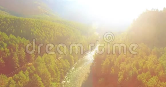 在阳光明媚的夏季早晨低空飞行在带岩石的新鲜快山河上视频的预览图