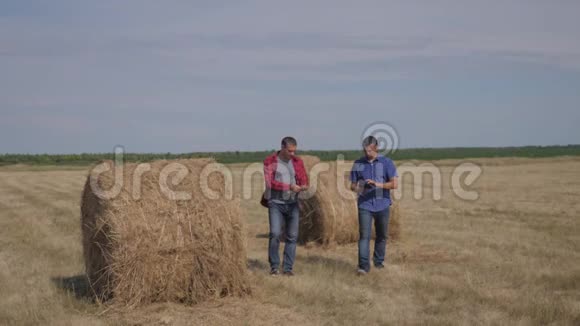 团队生活方式农业智慧农业理念两个男的农民工人走在田野上的草堆上视频的预览图