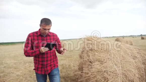智慧农业理念一位农民在数字平板电脑上的田野里研究一种生活方式慢动作视频的预览图