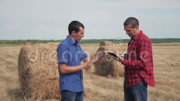 团队农业智慧农业理念两个男性农民的生活方式是在数字领域研究干草堆视频的预览图