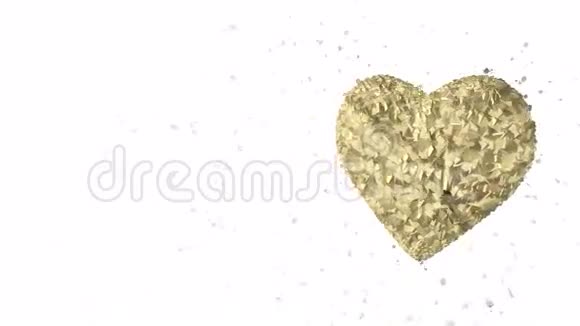 抽象循环动画背景旋转发光的3d黄金心脏形成的碎片和立方体黄金旋转与杂散视频的预览图