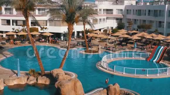 阳光酒店度假胜地在埃及设有豪华蓝色游泳池沙滩伞和日光浴床视频的预览图