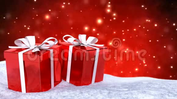 圣诞礼物在雪地上的红色背景无缝环3D渲染视频的预览图
