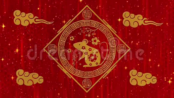 农历新年春节背景用金鼠闪闪的星和云中国新年红纸视频的预览图