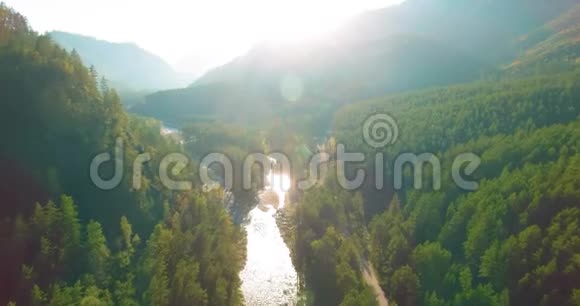 在阳光明媚的夏季早晨低空飞行在带岩石的新鲜快山河上视频的预览图