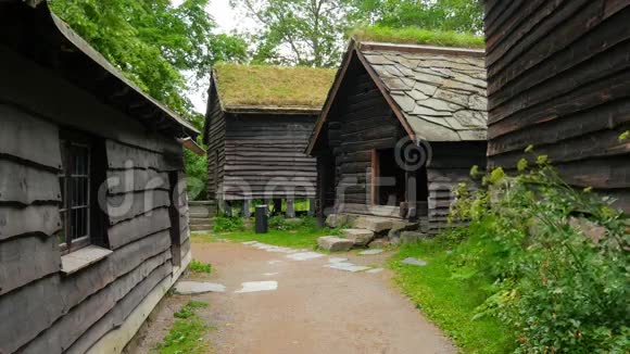 美丽的诺瓦吉安村房屋有绿草屋顶挪威4K视频的预览图