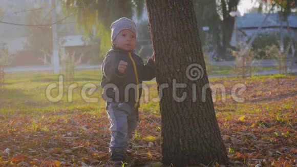 快乐的小朋友小男孩在公园里嬉笑打闹在户外散步视频的预览图