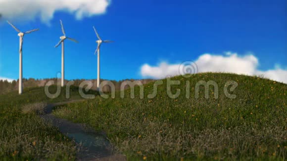 草地风力发电机绿色能源概念无缝环三维渲染视频的预览图