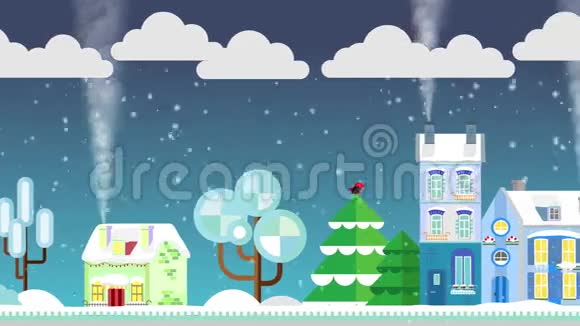 冬夜的背景下白雪皑皑的街道上的圣诞屋平的风格小别墅圣诞快乐录像视频的预览图
