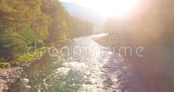 在阳光明媚的夏季早晨低空飞行在带岩石的新鲜快山河上视频的预览图