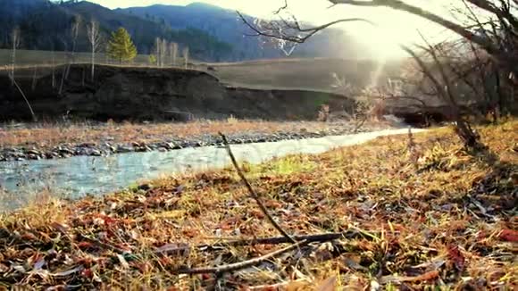 多利滑块拍摄了在森林附近的一条山河里飞溅的水潮湿的岩石和阳光水平稳定视频的预览图