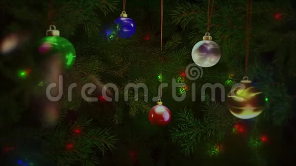 动画特写彩色球和绿色树枝在闪亮的背景上视频的预览图