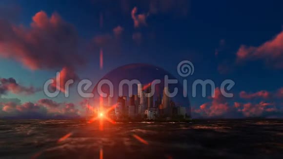 海洋上玻璃穹顶的现代城市日出时间视频的预览图