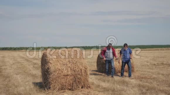 团队农业智能生活方式农业理念两个男的农民工人走在田野的干草堆上视频的预览图
