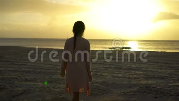 加勒比海岛的海滩上可爱的小女孩视频的预览图