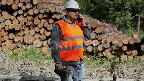森林官员在一堆原木附近用手机交谈视频的预览图