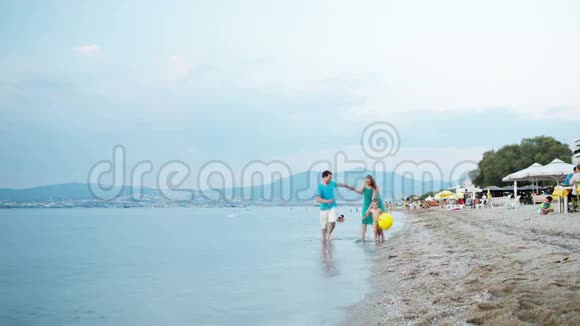 年轻的家庭在海边享受夏天视频的预览图