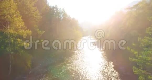 在阳光明媚的夏季早晨低空飞行在带岩石的新鲜快山河上视频的预览图