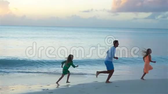 爸爸和孩子们享受海滩暑假热带假期流动人口视频的预览图