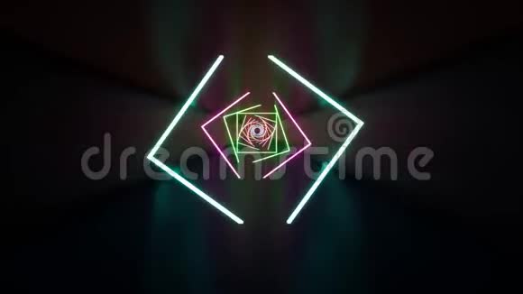 三维渲染抽象背景荧光紫外光发光霓虹灯线在隧道内前进蓝色视频的预览图