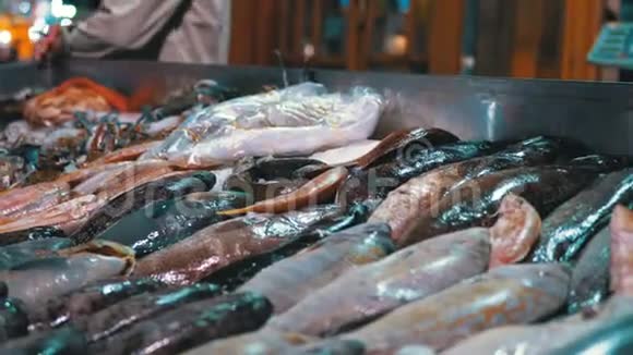 街上商店柜台出售的新鲜海鱼视频的预览图