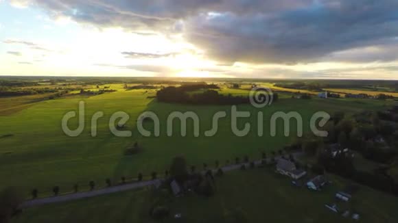 空中飞过郁郁葱葱的绿色田野和草地日落视频的预览图
