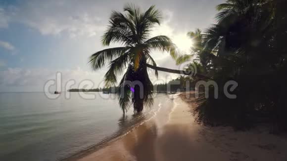 天堂般的热带岛屿海滩景观和美丽的日出视频的预览图
