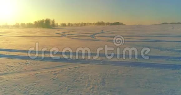 无人驾驶飞机观看寒冷的冬季景观北极的田野覆盖着霜雪的树木和清晨的阳光视频的预览图