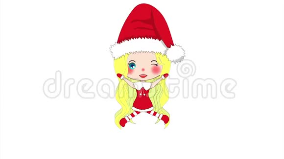 圣诞快乐与可爱的圣诞女孩跳跃庞普姆帽子和适合圣诞老人服装在白色屏幕上视频的预览图