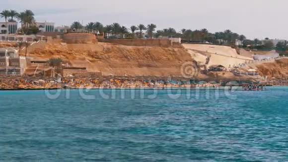在靠近珊瑚礁的红海豪华酒店带雨伞和日光浴的海滩埃及视频的预览图