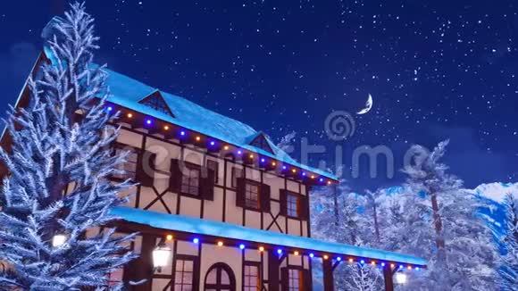 4K冬夜照明的欧洲农村住宅视频的预览图